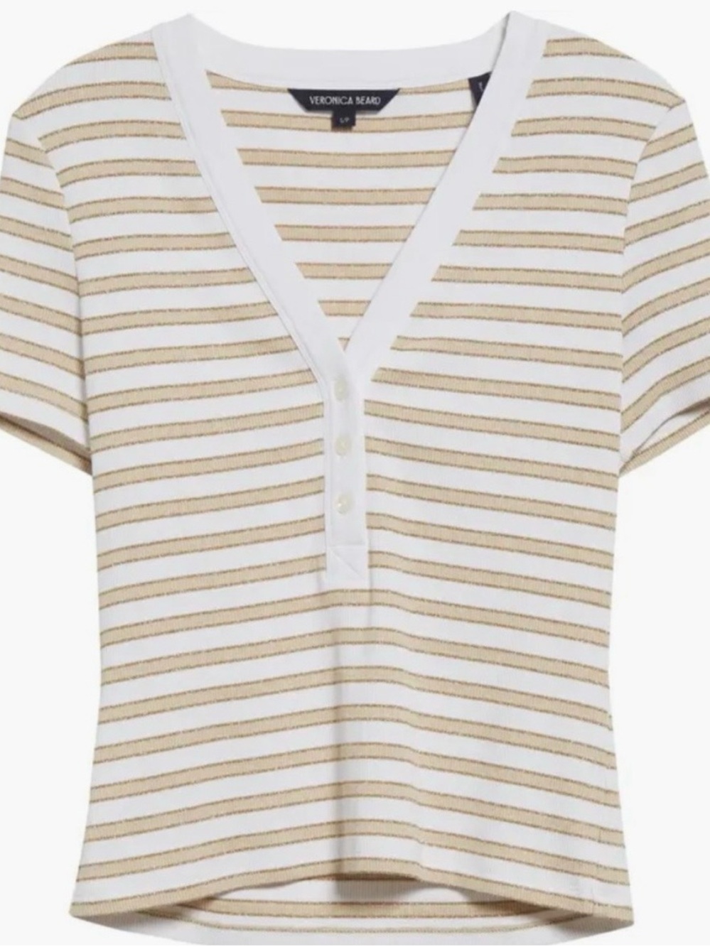 New Women’s Veronica Beard Short Sleeve Dekalb Henley Top Khaki White Striped